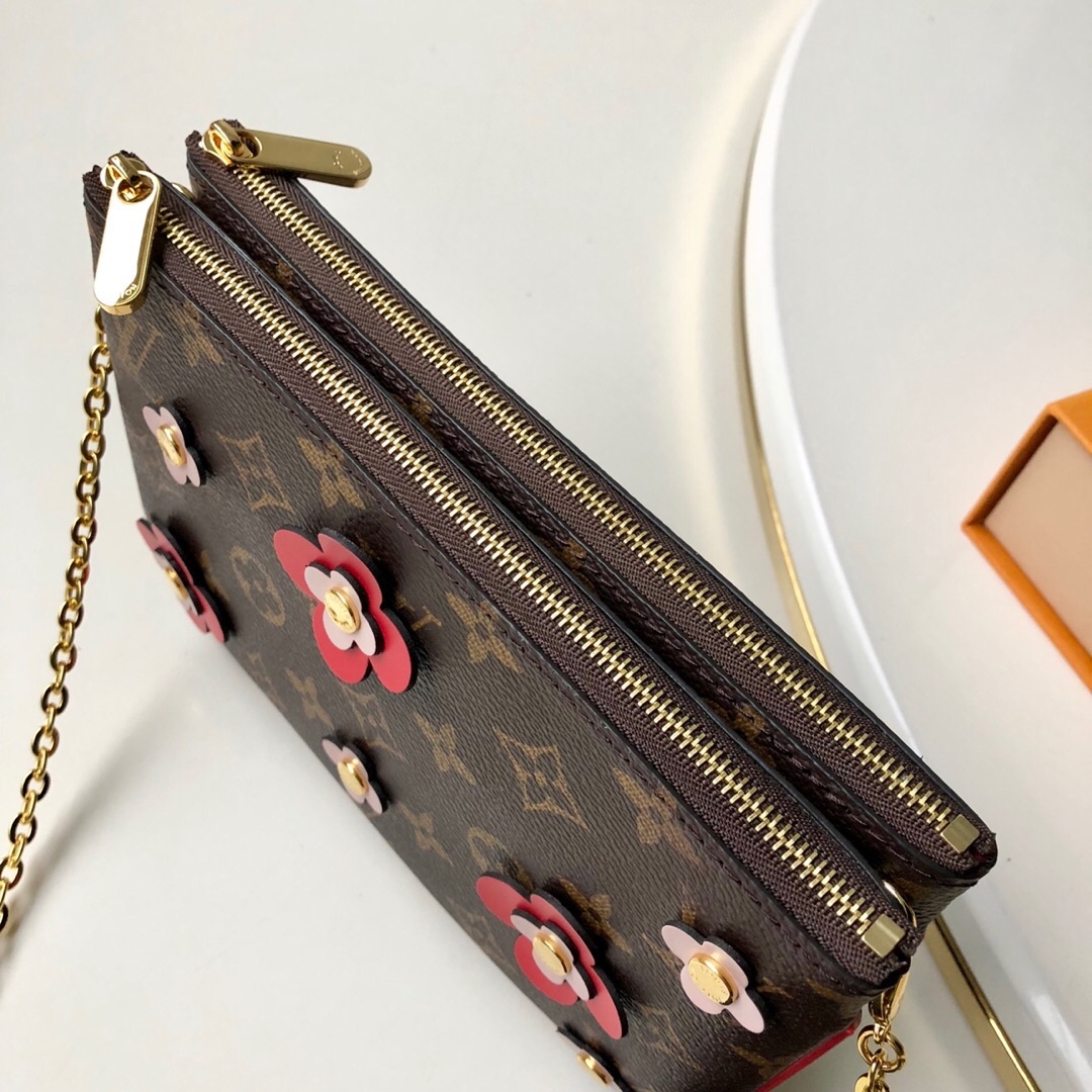 Louis Vuitton Blooming Flowers Pochette Double Zip Chain Wallet in Monogram Canvas M63905 Red ...