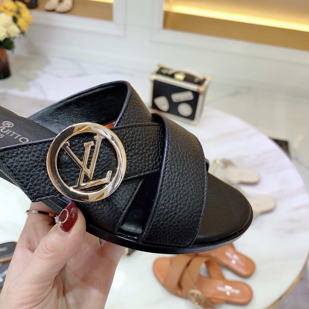 Louis Vuitton Horizon Calfskin LV Circle Flat Mule Sandals Black 2019 (1050-9061826 )