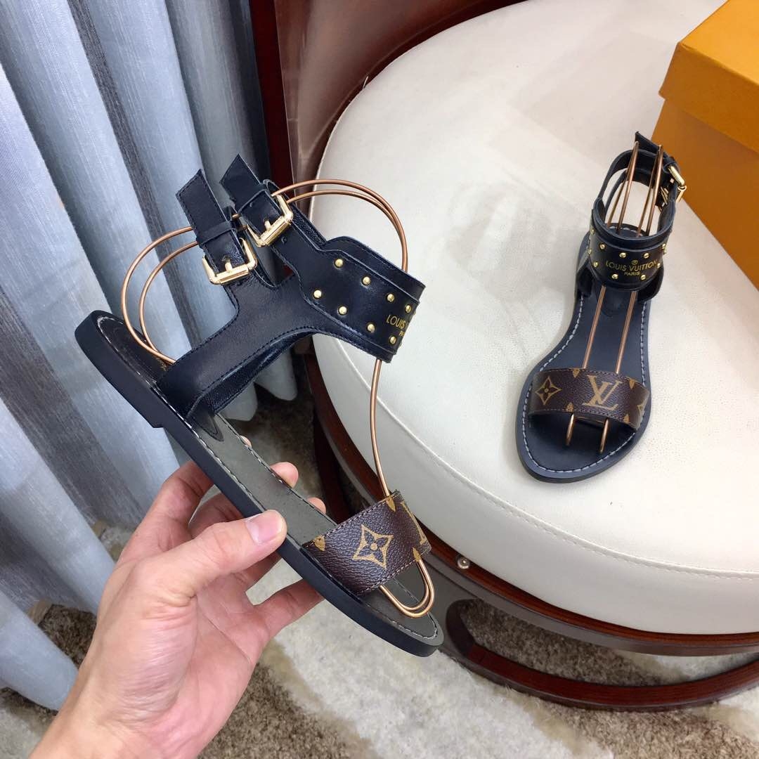 Louis Vuitton Flat Nomad Studs and Monogram Sandals Black 2019 (1050-9051546 )