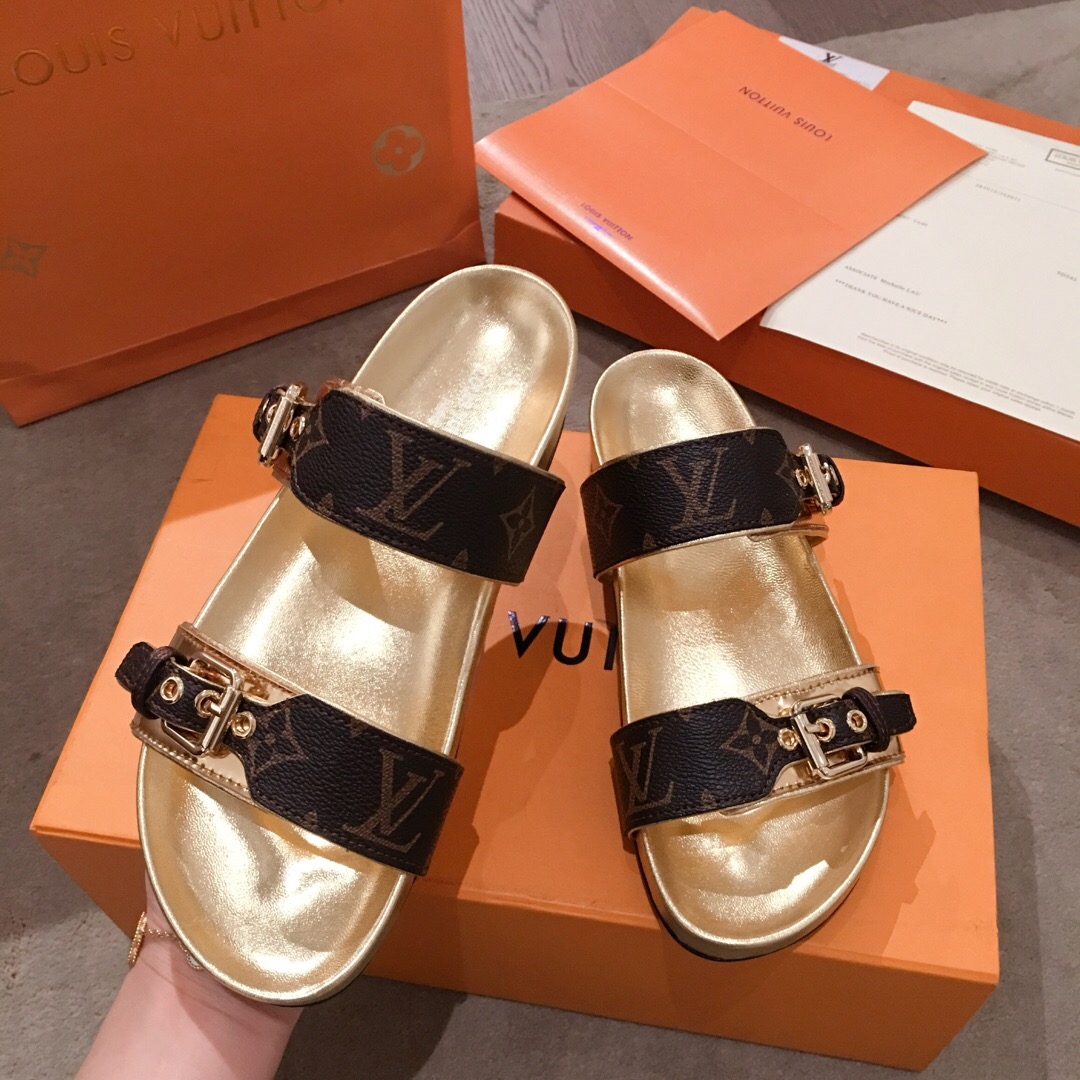 Louis Vuitton Bom Dia Monogram Leather Flat Sandals 1A4WJK Gold 2019 (HQG-9051612 )