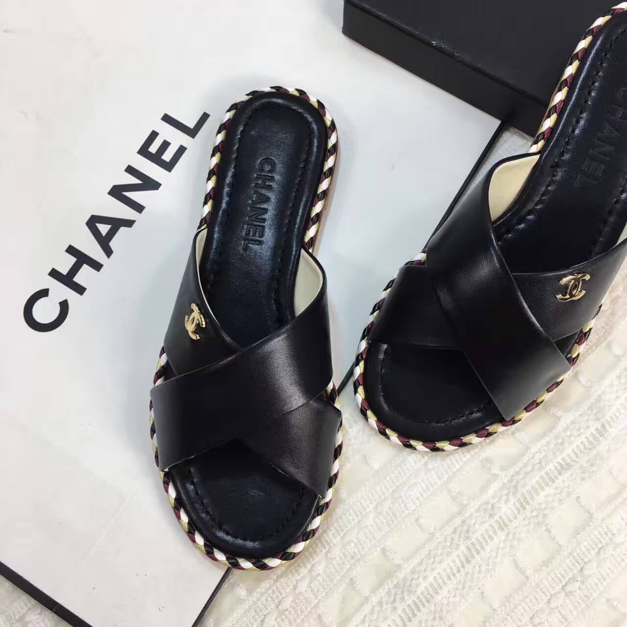 Chanel Lambskin & Braided Leather Mules G32825 Black 20127 (GD5002 ...
